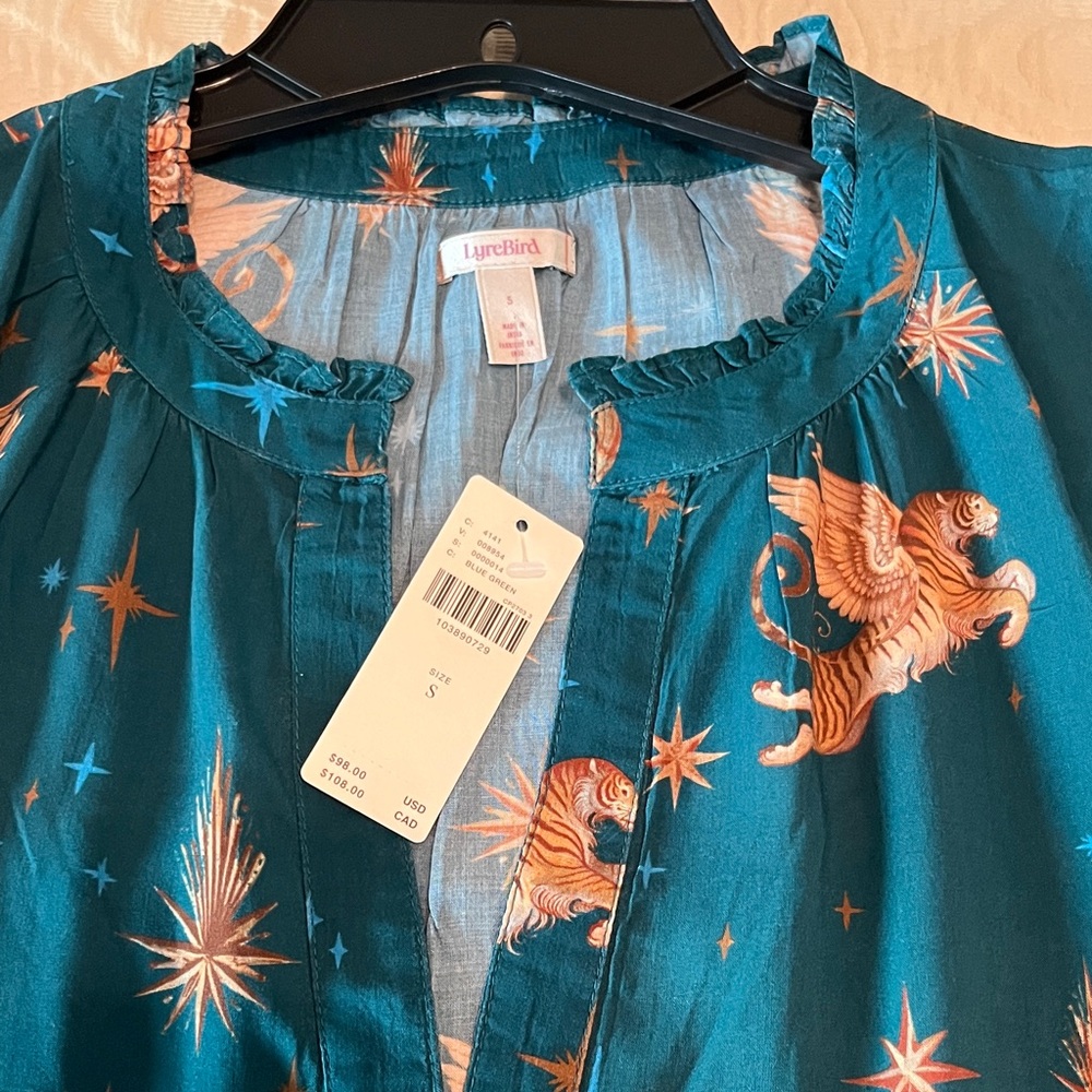 Lyrebird Anthropology teal  dress with amazing animal print. NWT.